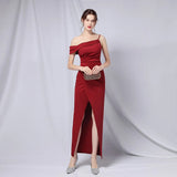 Women Soft Satin Slash Neck Evening Dress Sexy Green Slit Party Maxi Dress Prom Dress