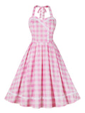 Tonval Pink Plaid Print Rockabilly Vintage Dress Prom Backless Party Women Halter Buttons Fit and Flare Pleated Dresses