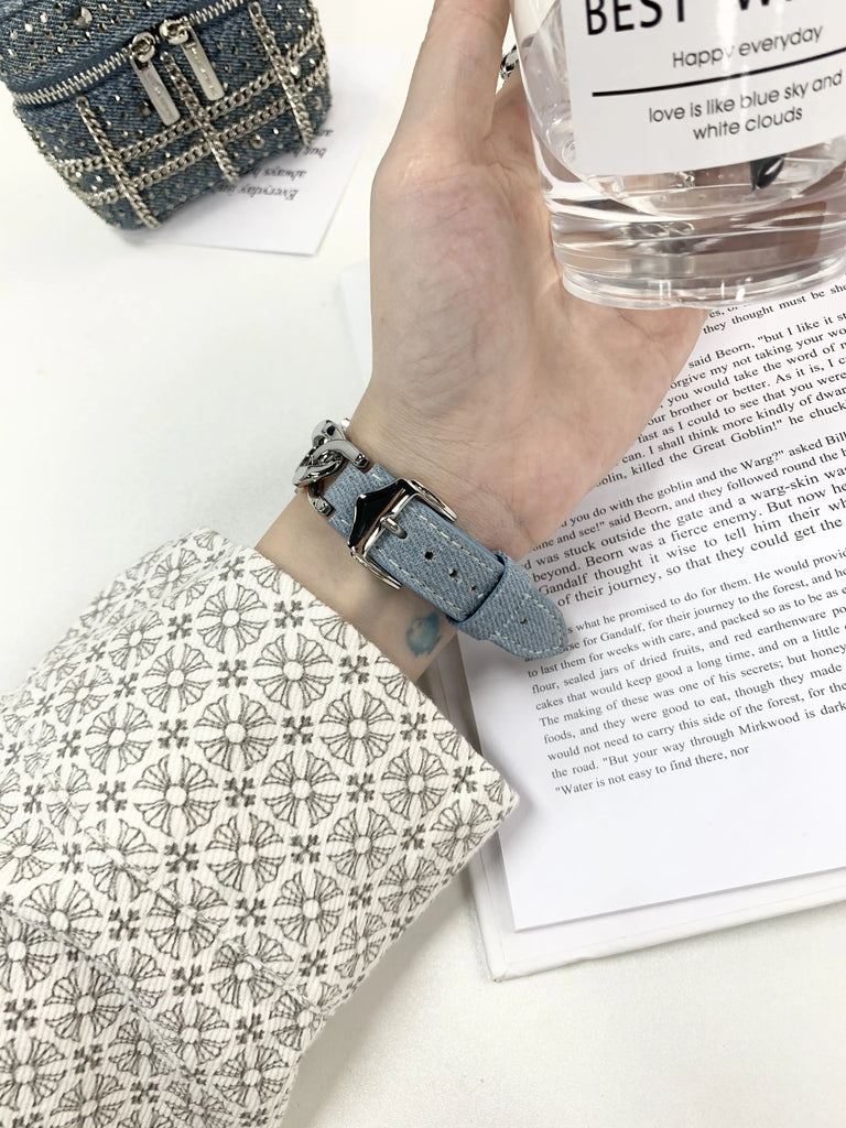 Denim Metal Chain Strap for Apple Watch Series Ultra 49mm45mm 44mm 42mm 41mm 40mm38mm Cowboy Bracelet iWatch Band 9 8 7 6 SE 5