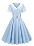 1950s Women Vintage Clothes Shawl Collar Double-Breasted Sash Elegant Dress Short Sleeve Cotton Long Dresses