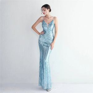 Women Strap Party Maxi Dress Light Blue Sexy V Neck Evening Dress Sequin Long Prom Dress