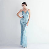 Women Strap Party Maxi Dress Light Green Sexy V Neck Evening Dress Sequin Long Prom Dress