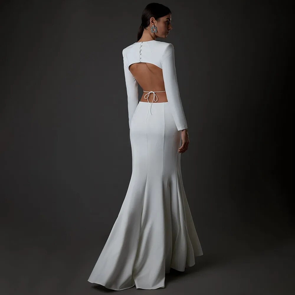 Long Sleeve Sexy Backleess Satin Party Dress Floor Length White Color Evening Party Maxi Celebrity Dress