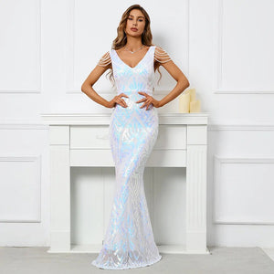 Women Whiite Sequin V Neck Beading Party Maxi Dress Sexy Evening Dress Long Prom Dress