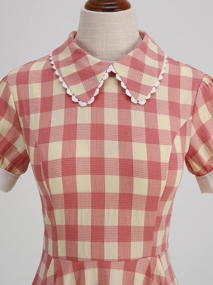 Peter Pan Collar Puff Sleeve Plaid Rockabilly Pockets Swing Dress Vintage Robe Women 1950s Elegant Midi Dresses