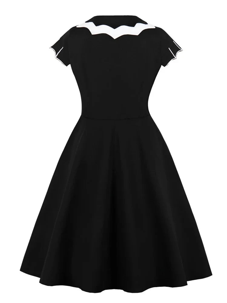 Bat Embroidery Halloween Costumes Party Vintage Dresses for Women Cap Sleeve Keyhole Front Cotton Retro A Line Dress