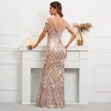 illusion Mesh Gold Sequin Evening Sexy Party Maxi Dress Women Beading Dress Long Prom Dress