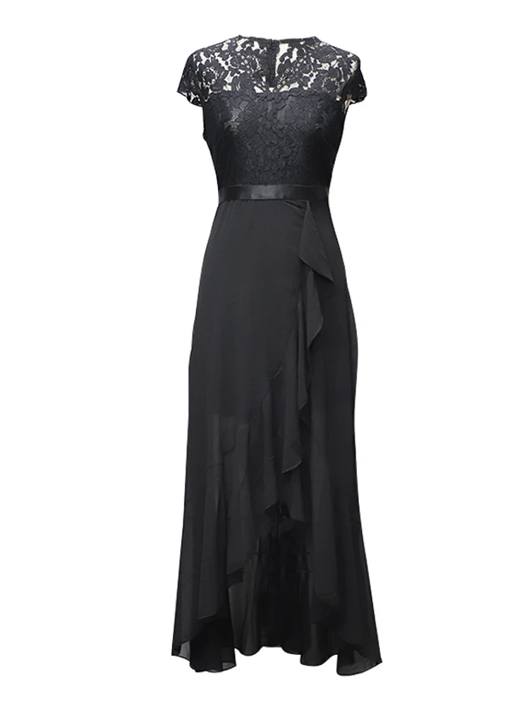V-Neck Vintage Lace and Mesh Ruffles Long Dresses for Women Cap Sleeve   jetechband