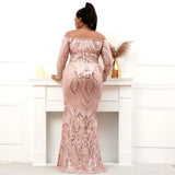 Full Sleeve Stretch Gold Sequin Evening Dress Elegant Off Shoulder Party Maxi Dress Long Prom Dress