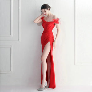 Off Shoulder Feather Party Maxi Dress Women Slash Nech Sexy Slit Long Prom Evening Dress