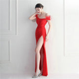 Off Shoulder Feather Party Maxi Dress Women Slash Nech Sexy Slit Long Prom Evening Dress