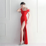 Off Shoulder Feather Party Maxi Dress Women Slash Nech Sexy Slit Long Prom Dress Evening Dress