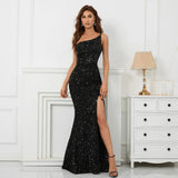 Sexy Slit Black Sequin Evening Dress Women Slash Neck Party Maxi Long Prom Dress