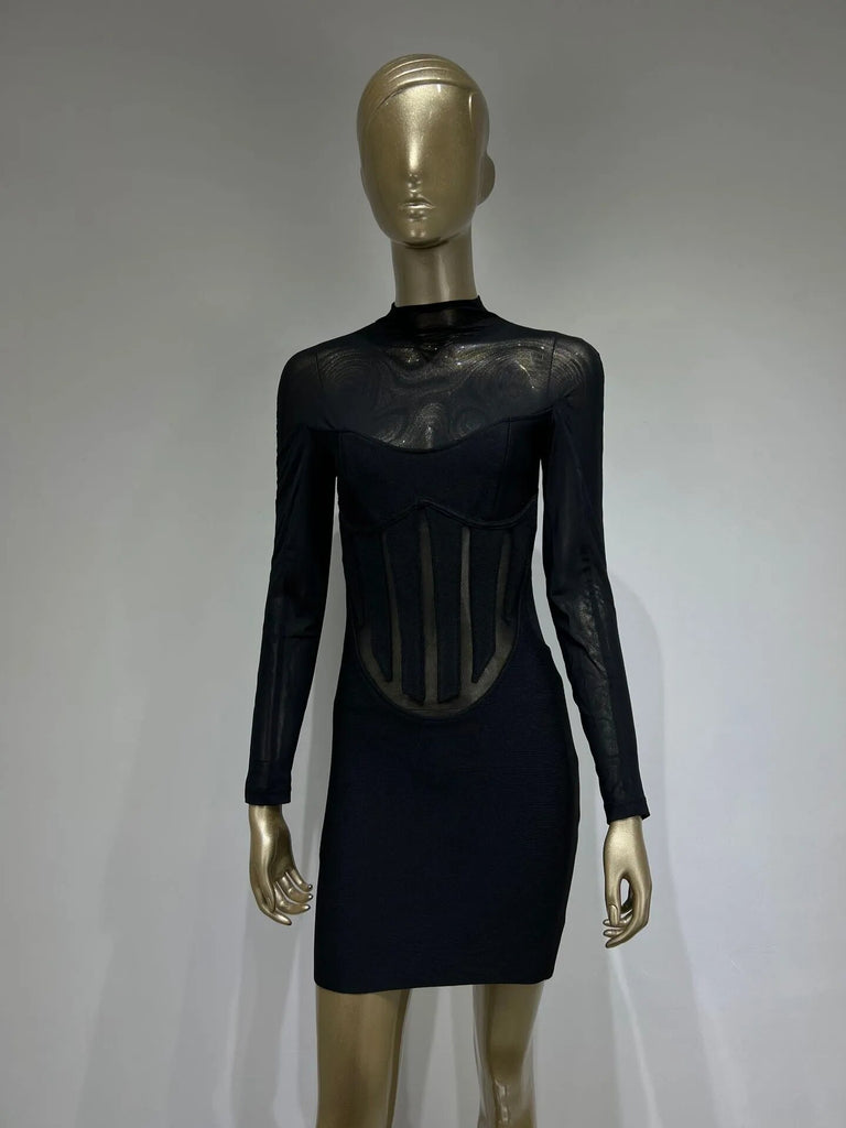 Long Sleeve Mesh Sexy Evening Party Dress Women Night Celebrity Dress