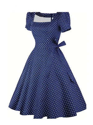 3XL 4XL Vintage Dresses for Women Square Neck Puff Sleeve Belted Polka Dot Print Blue Elegant 50s Pinup Midi Dress