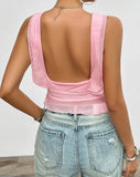 2024 Pink White Mini Cute Camisole Vest Ruffled Edge Backless Short Top U-Neck Irregular Solid Flower Ribbon Sexy Mesh T-Shirt