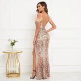 Sexy Slit Gold Long Sequin Evening Dress Luxury Feather Stretch Cocktail Party Prom Dress