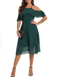 2024 Solid Ruffle Chiffon Midi Short Bridesmaid Dress Green Hollowed Out Short Sleeve Elegant Office Casual Runway Summer Dress
