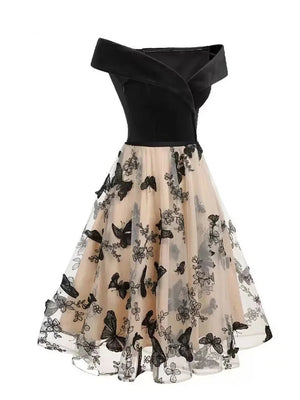 Off Shoulder Sexy Women Midi Dress Velvet Patchwork Butterfly Mesh Banquet Elegant Evening Cocktail Vintage Style Dresses