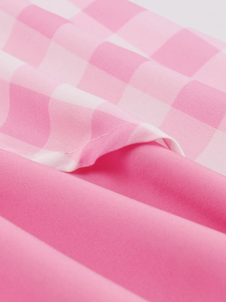 Sexy Pink Dresses for Women Halter Backless Bow Front Plaid Patchwork Prom Party Birthday Dress Midi Vintage