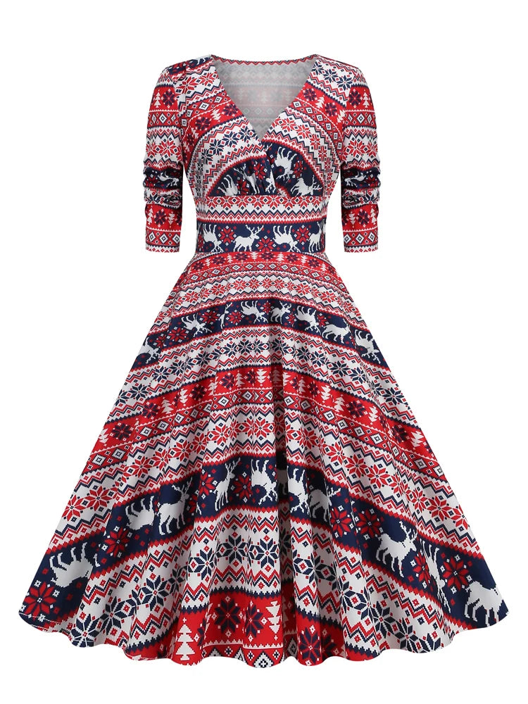 Deer and Tree Print Christmas Party Evening Winter Dress Women V-Neck –  jetechband