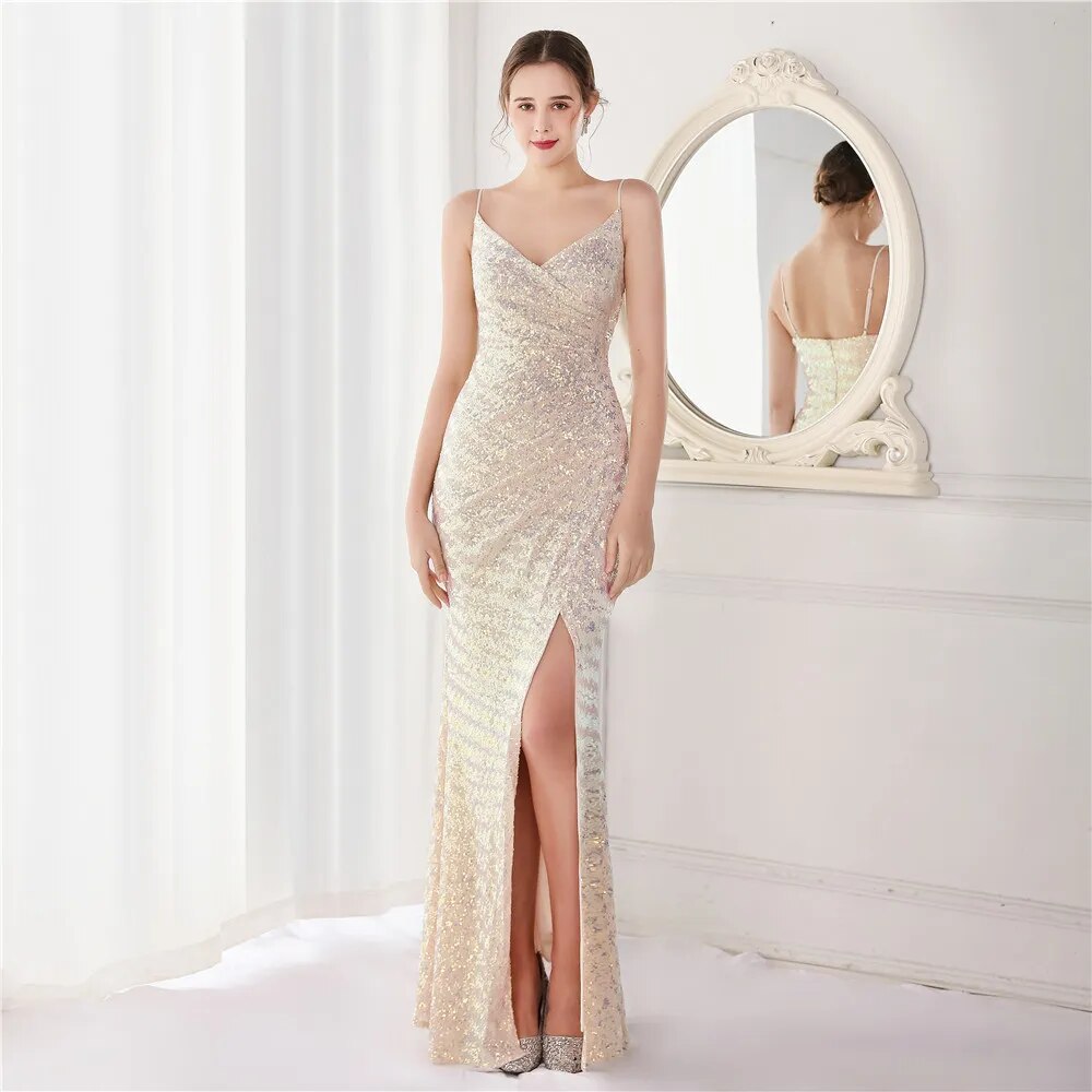Women Strap Party Maxi Dress Sexy Slit V Neck Evening Sequin Long Prom Dress