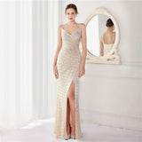 Women Strap Party Maxi Dress Sexy Slit V Neck Evening Sequin Long Prom Dress