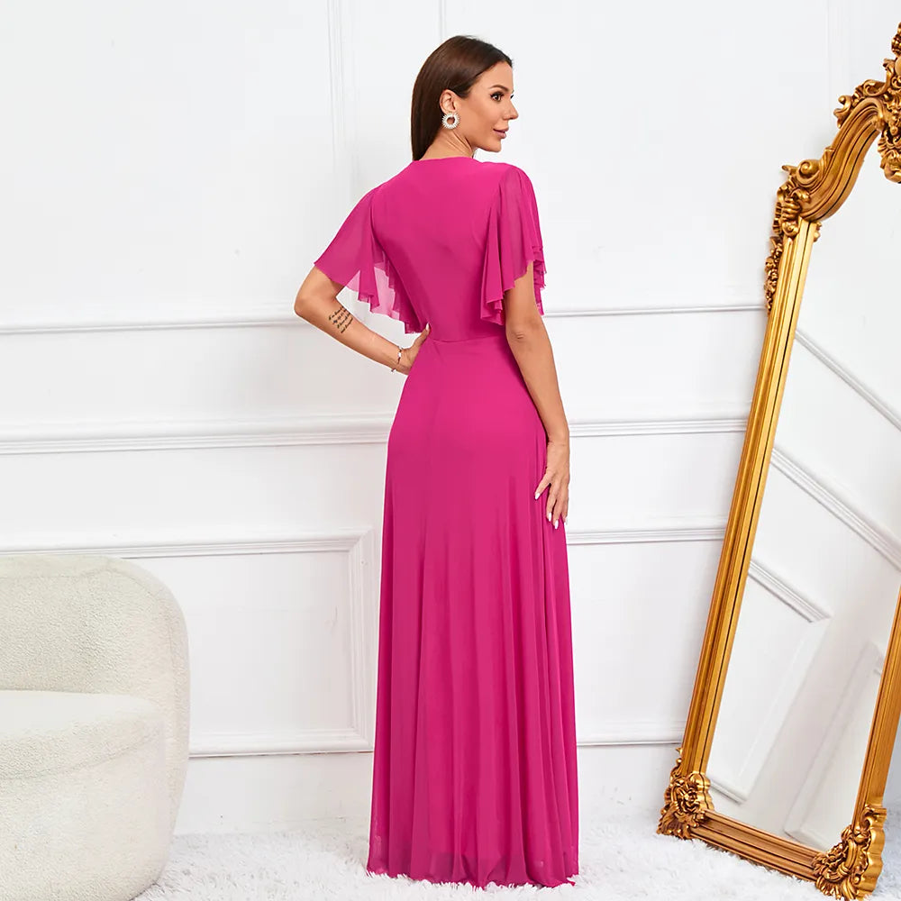 Women Tulle Long Prom Dress V Neck Beading Evening Elegant Party Maxi Dress