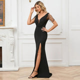 Candy Color Women Beading Party Maxi Dress Black Soft Satin Sexy V Neck Evening Dress Long Bridesmaid Dress