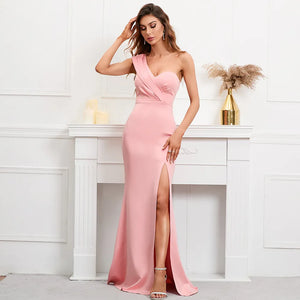 Women One Shoulder Simple Pleat Evening Dress Pink Celebrity Party Maxi Sexy Slash Neck Long Dress