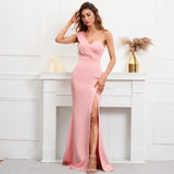 Women One Shoulder Simple Pleat Evening Dress Pink Celebrity Party Maxi Sexy Slash Neck Long Dress