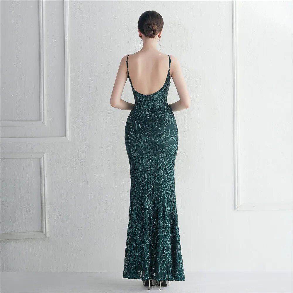 Backless Sexy Slit Long Sequin Evening Dress Luxury Stretch Sleeveless Cocktail Party Prom Dress