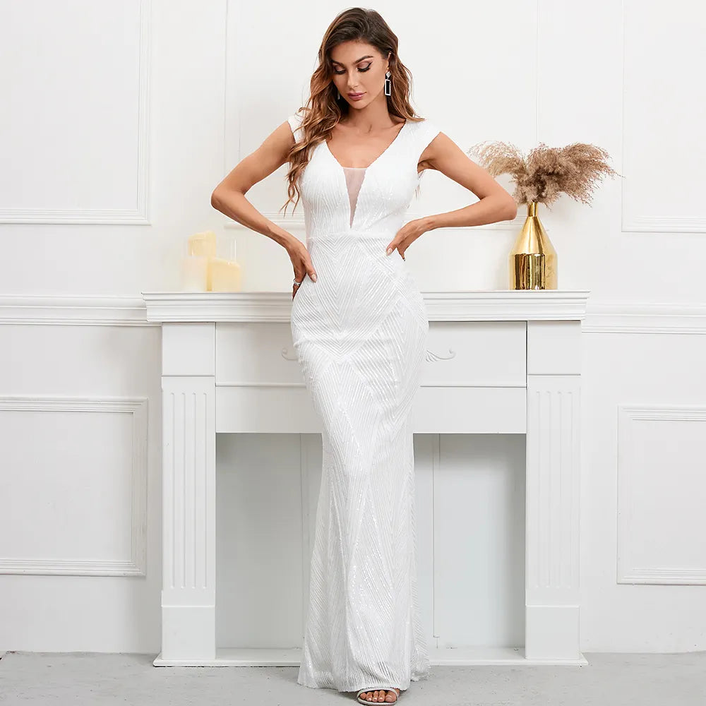 Sexy V Neck Backless White Sequin Evening Dress New Women Beading Party Maxi Long Prom Dress