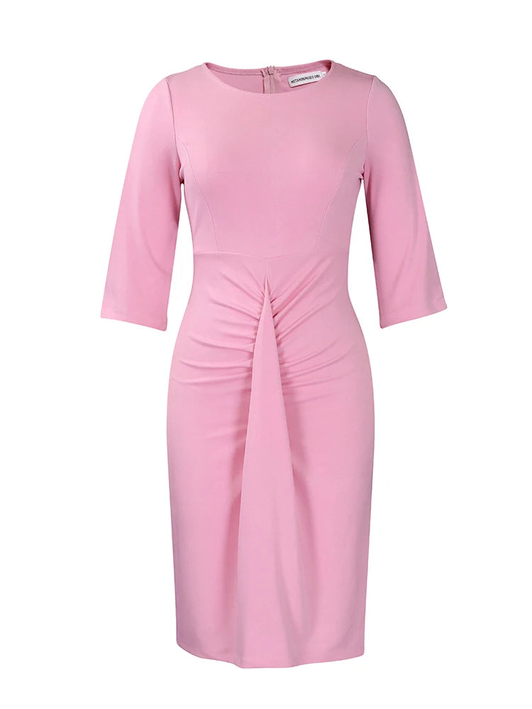 O-Neck Pink Solid Elegant Pencil Dresses 3/4 Length Sleeve Spring Wome –  jetechband