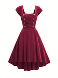 Square Neck Buttons Front High Low Hem Burgundy Dress Elegant Evening Party Women Vintage Style Dresses