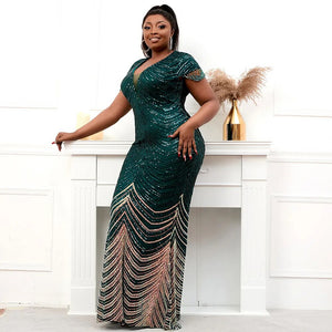Plus Size Deep V Neck Green Sequin Evening Dress Sexy Party Maxi Dress Women Beading Dress Long Prom Dress 19085