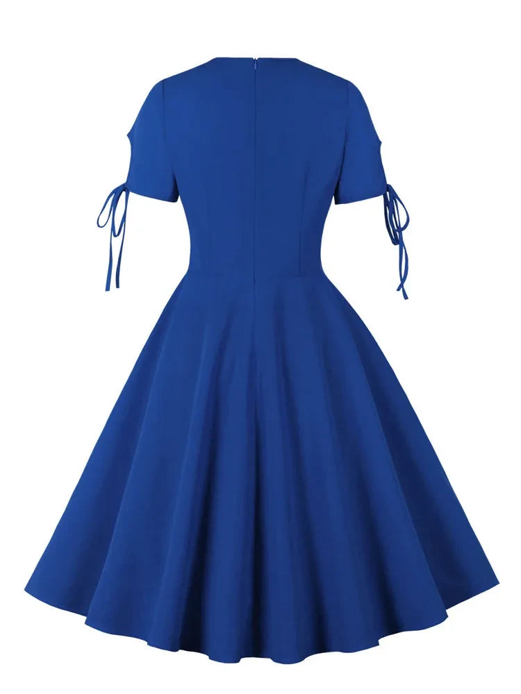 Red Elegant Solid High Waist Women Summer Dresses Keyhole Front Knot Cuff Vintage Swing Dress Party Evening