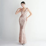 Women Long Prom Dress Deep V Neck Gold Sequin Evening Sexy Party Maxi Dress