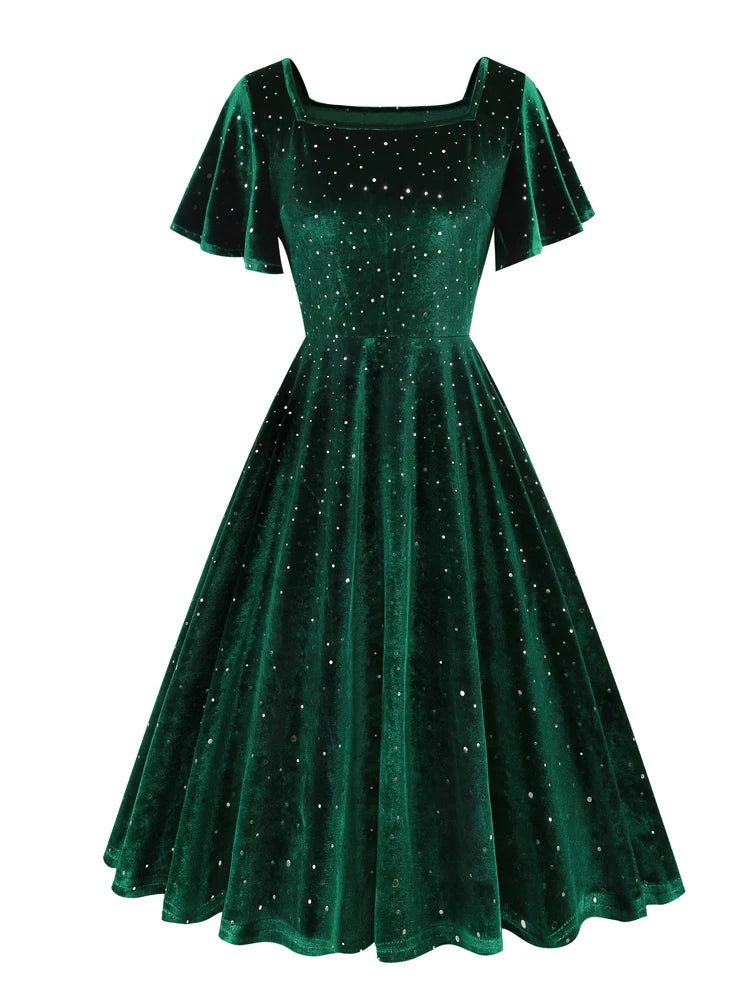 Dotted Velvet Green Elegant Party Christmas Winter Dresses for Women S jetechband Dotted Velvet Green Elegant Party Christmas Winter Dresses for Women S jetechband