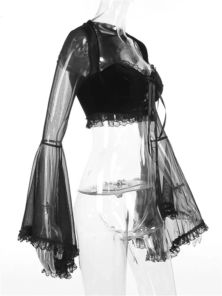 Autumn Mesh Gothic Vintage Party Crop Tops Velvet Patchwork Flare Sleeve Harajuku Y2k Black Holiday Steampunk Tshirts