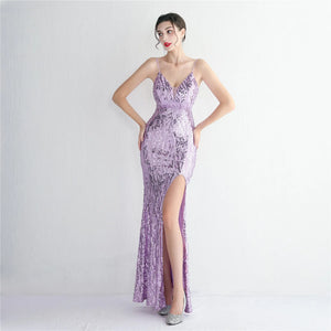 Women Sexy Slit Party Maxi Dress Strap V Neck Evening Dress Purple Sequin Long Prom Dress