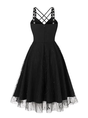 Criss Cross Eyelet Detail Halloween Cosplay Evening Party Dresses for Women High Waist Vintage Mesh Overlay Corset Dress