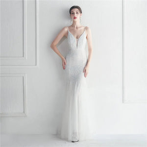 Women Gold Sequin Dress Strap Beading Party Maxi Dress Sexy V Neck Evening Dress Long Prom Dress