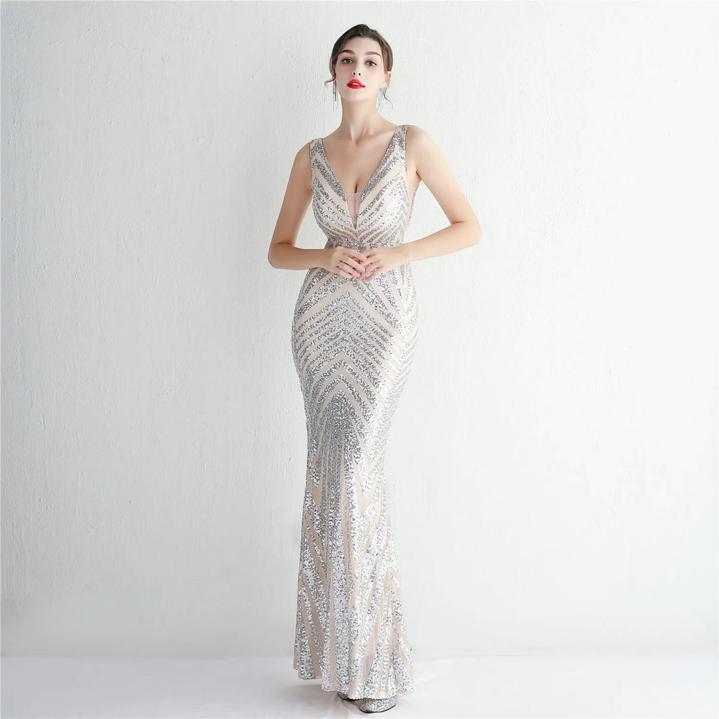 Women Long Prom Dress Deep V Neck Gold Sequin Evening Sexy Party Maxi Dress