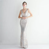 Women Long Prom Dress Deep V Neck Gold Sequin Evening Sexy Party Maxi Dress