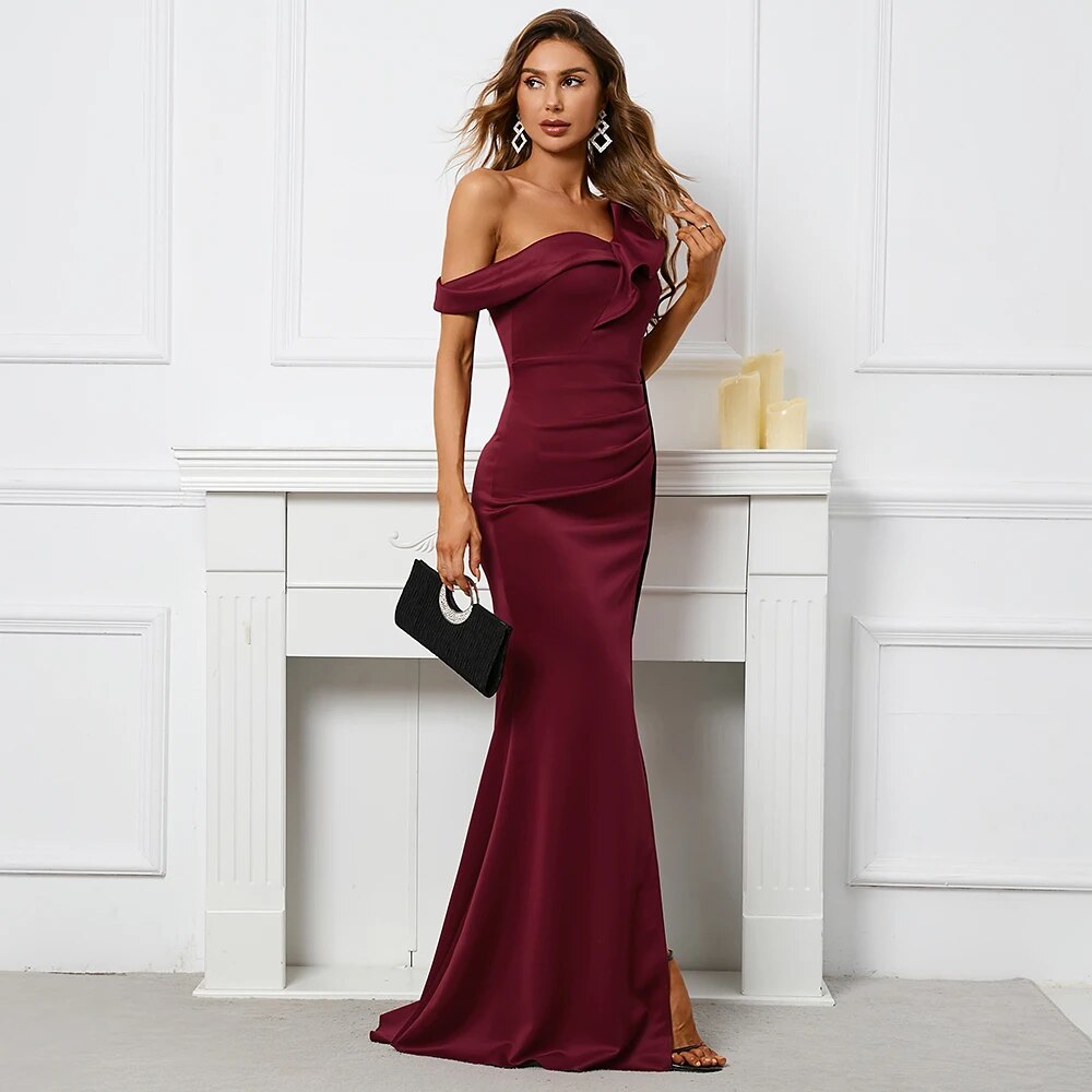 Women Slash Neck Burgundy Evening Dress Ruffles Celebrity Maxi Dress Sexy Slit Long Party Dress