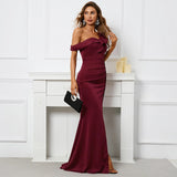 Women Slash Neck Burgundy Evening Dress Ruffles Celebrity Maxi Dress Sexy Slit Long Party Dress
