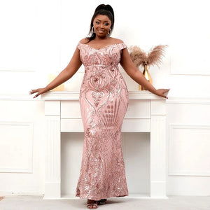Plus Size Women Elegant V Neck Party Maxi Dress Off Shoulder Pink Sequin Evening Long Prom Dress