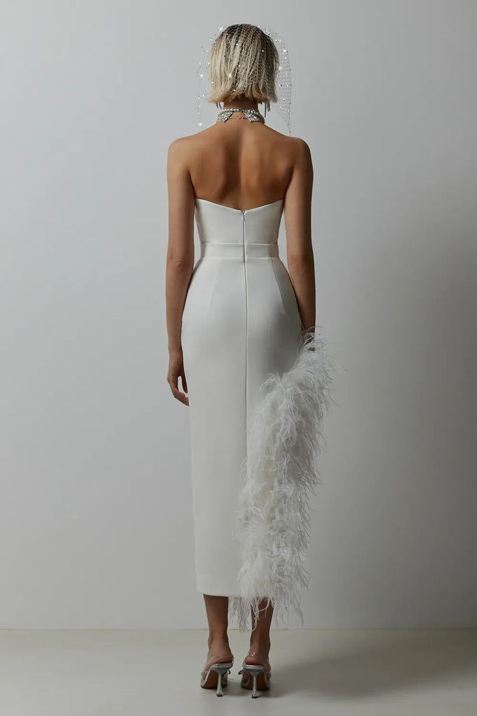 Off Shoulder Feather Long Sexy Slit Party Evening Dress White Color Celebrity Dress