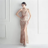 Backless Sexy Slit Long Sequin Evening Luxury Beading Stretch Sleeveless Cocktail Party Prom Dress